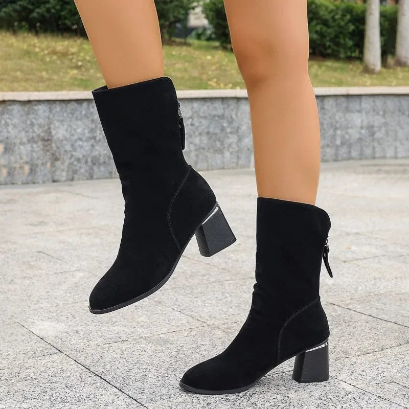 Casual Fashionable Pointed Toe Back Zipper Design Black Suede Modern Ankle Boot