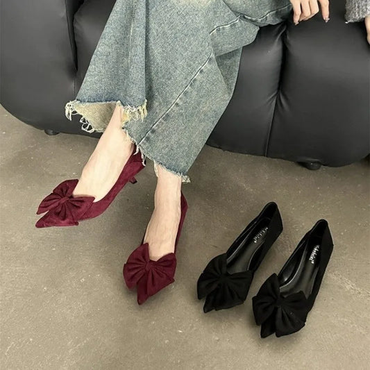 Autumn Elegant Butterfly Knot Stylish Pointed Toe Sexy Stiletto Low Heel Pumps