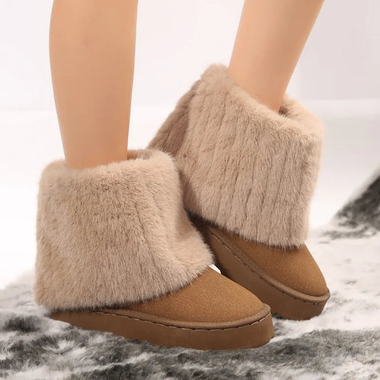 Slip-on Round Toe Solid Flock Plush Warm Mid Heel Casual Snow Boot