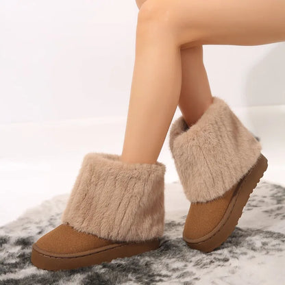 Shoes for Women New Slip on Women's Boots Winter Round Toe Solid Flock Plush Warm Mid Heel Water Proof Casual Snow Boots