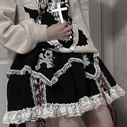 Short Girls Dress Cosplay Subculture Y2k Lace Skeleton Gothic Trend Black High Waist Layered Skirt