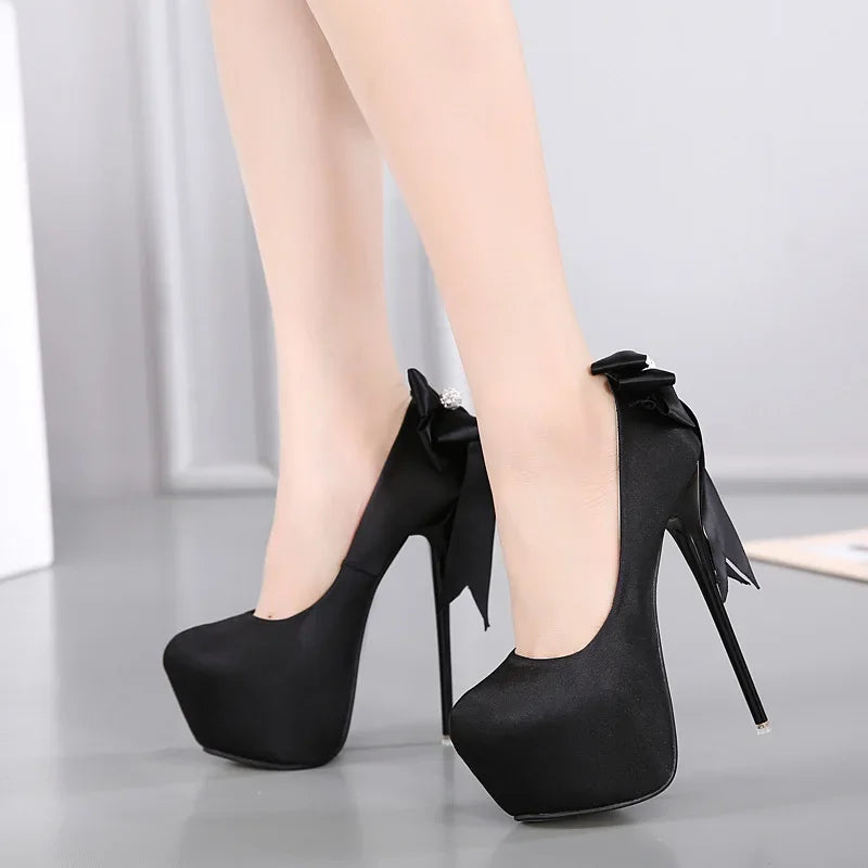 Black Pumps Silk Round Toe Platform Slip-On Shallow Thin Heeled High Heel