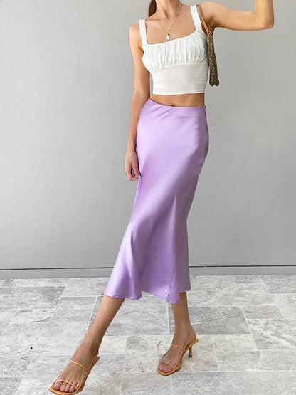 DressBetty - Elegant Solid Purple Silk High Waist Skirt