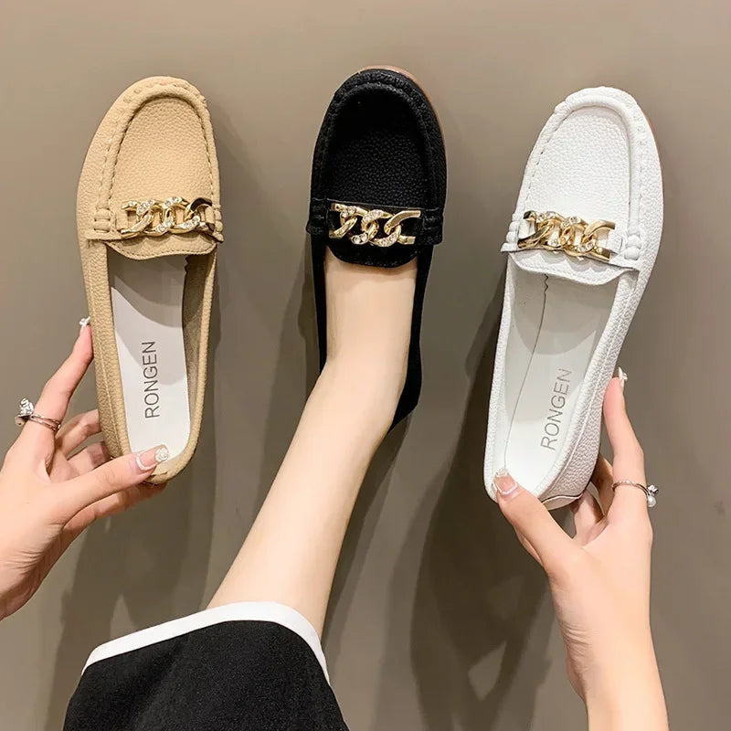 Metal Chain Low Heel Round Head Bean Casual Footwear Mother Lady Loafers