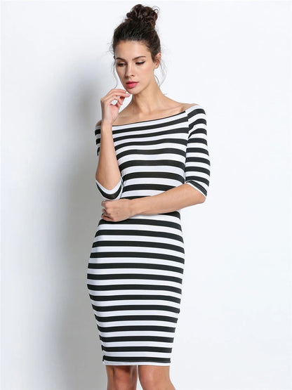 Spring Summer Woman Size Casual Stripe Off Shoulder Long Midi Dresses