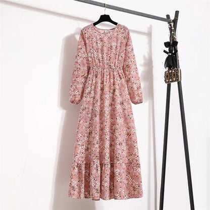 Spring Maxi Casual Full Floral Printed O-neck Woman Bohe Party Midi Dresses