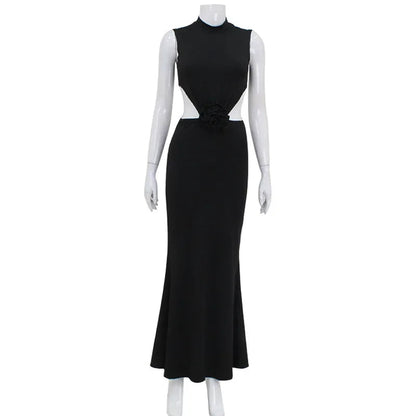 Elegant Hollow Back Sleeveless Turtle Neck Christmas Party Dress