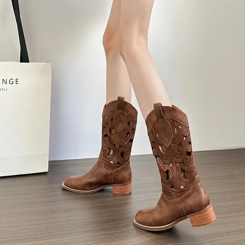 Street Retro Brown Mid calf Hollow Breathable Western Rider Ankle Boot