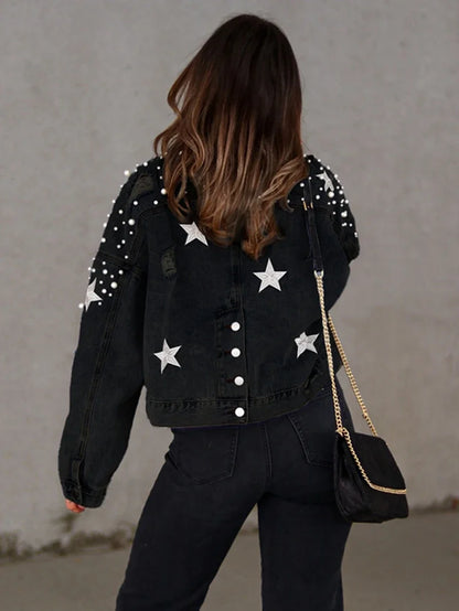 Streetwear Denim Beadings Rhinestone Embroidery Casual Jacket