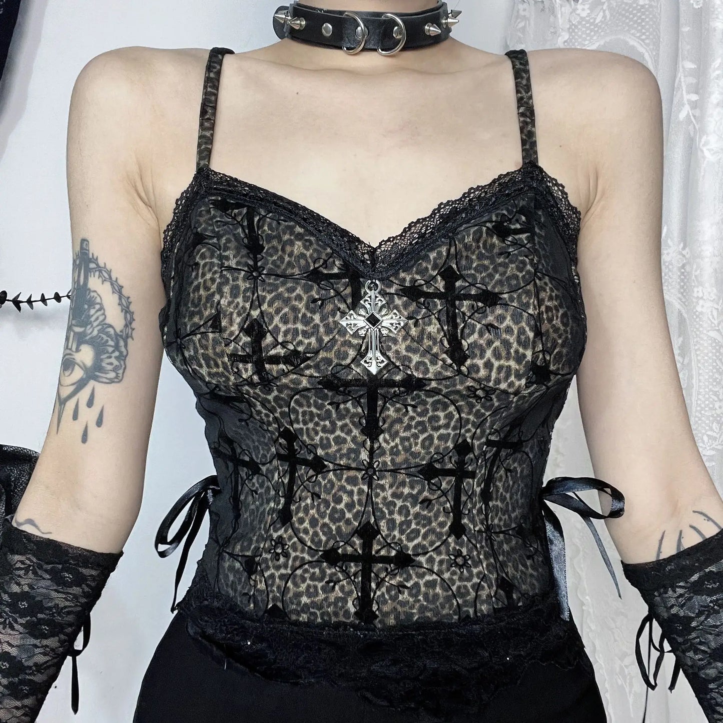 New Arrival Gothic Style Street Spicy Girl Versatile Plush Leopard Print Composite Strap Crop Top