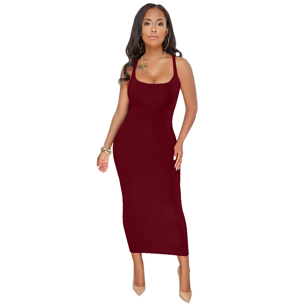 Summer Casual Sexy Square Neck Sleeveless Women's  Midi Dresses