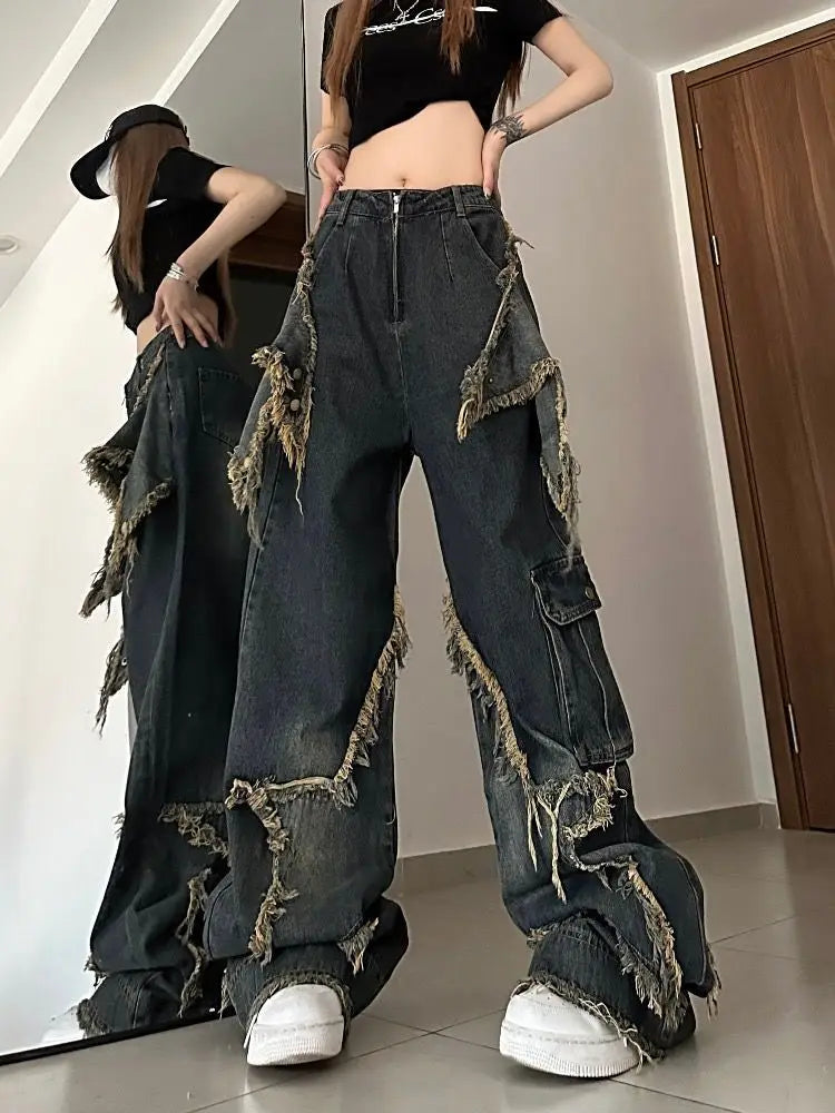 New Star Patchwork Fashion Slim High Waist Punk Hip Hop Loose Jeans