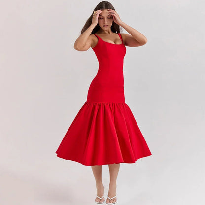 Red Spaghetti Strap Midi Holiday Dress - Casual Birthday & Christmas Party Dress