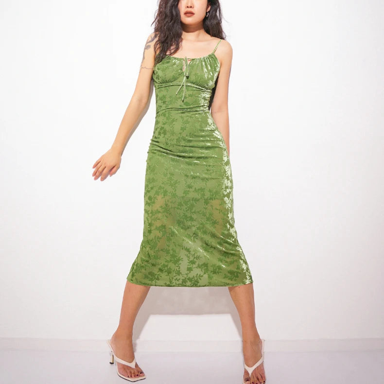 Green Velvet Burnt Flower Backless Boho Christmas Party Dress