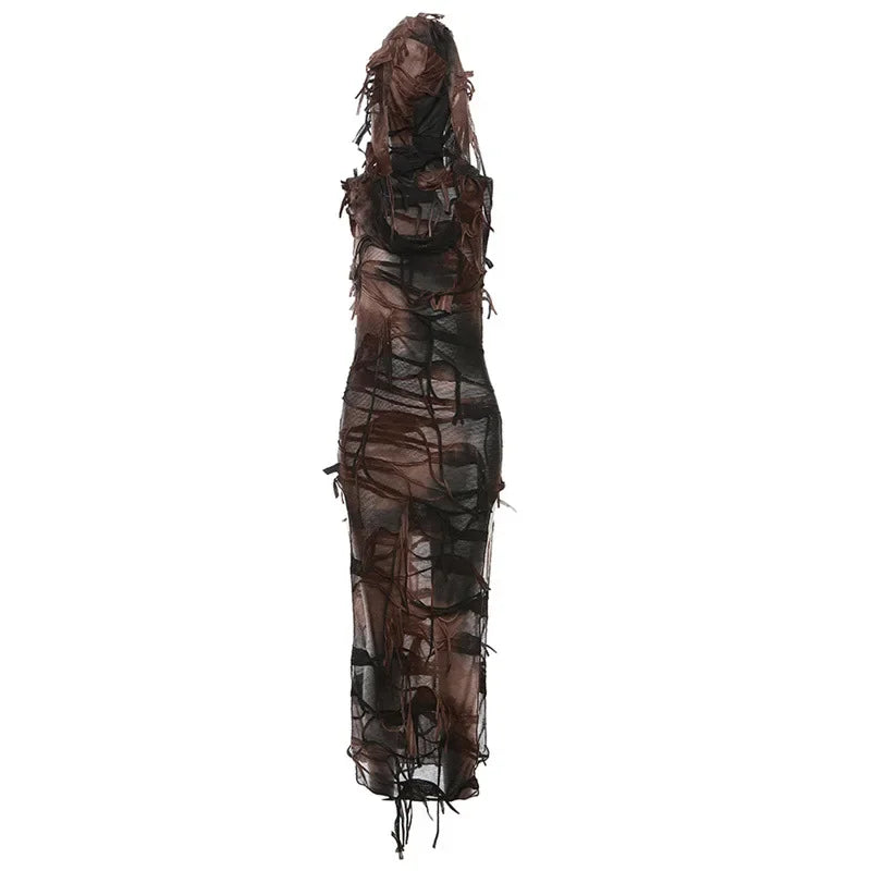 Tassel Vintage Gothic Hooded Midi Dress Fairy Grunge Y2K Sexy High Split Sleeveless Tie Dye Dress