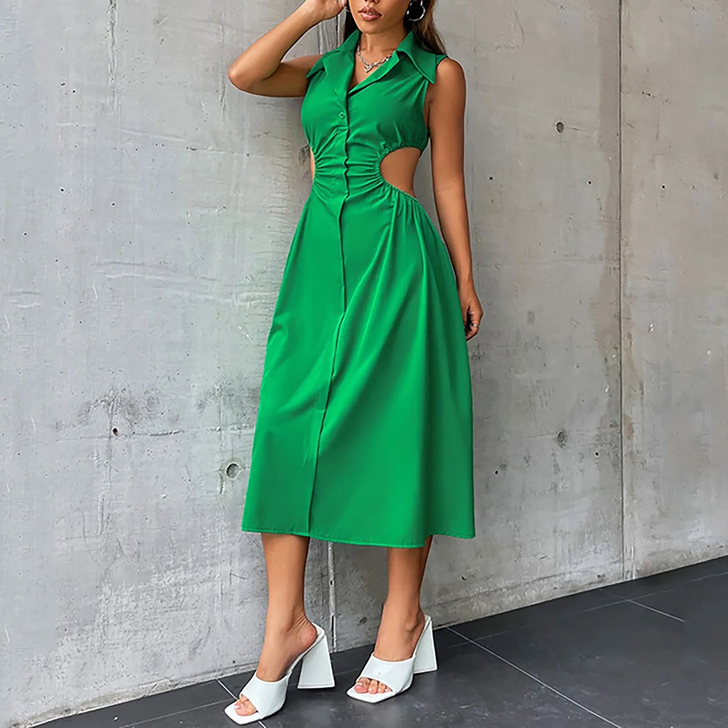 Tempting Sexy Cut Out A-Line Turn-Down Collar Sleeveless High Waist Slim Midi Dress