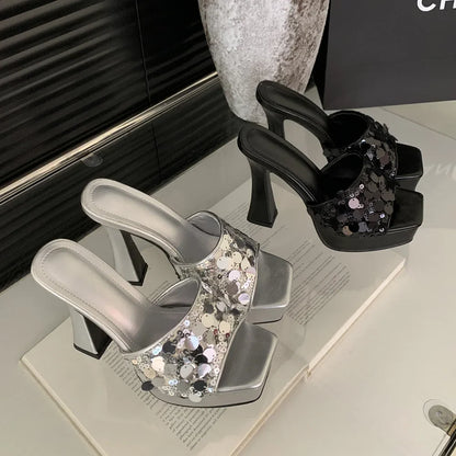 Temperamental Outdoors Platform Shoes Sexy Peep Toe Bling Square Head High-Heel High Heel