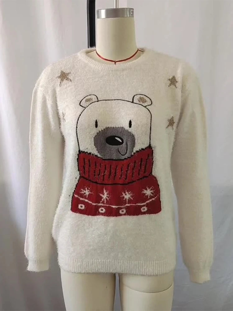 Christmas Cartoon Bear Embroidery Holiday Sweater