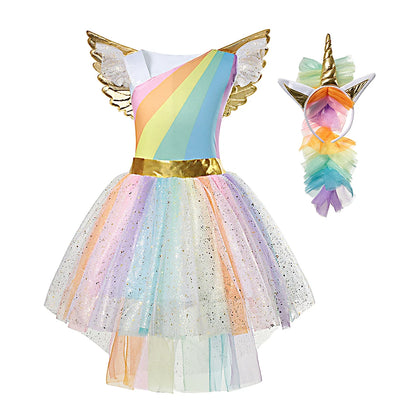 Unicorn Dress Girls Rainbow Princess Dance Ball Birthday Party Halloween Cosplay Costume Kid Costume