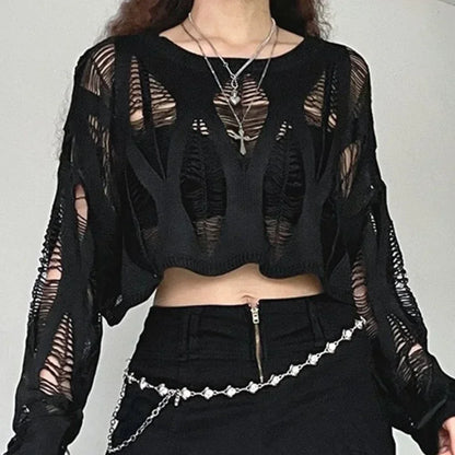 Vintage Hole Ripped Sexy Fashion Cropped Hollow Spring Sweater