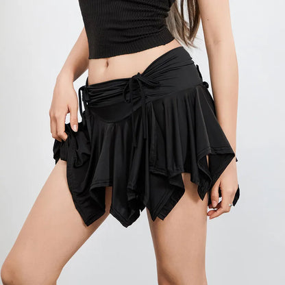 Women Gothic Irregular Solid Color Drawstring Tie-Up Ruched Ruffles Mini Summer Skirt