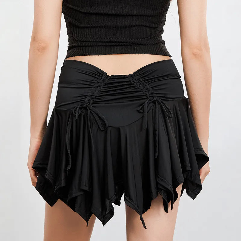 Women Gothic Irregular Solid Color Drawstring Tie-Up Ruched Ruffles Mini Summer Skirt