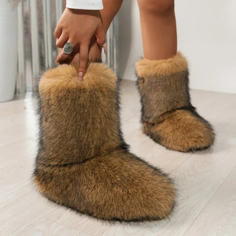 Fuzzy Cozy Plush Lined Slip-On Warm Stylish Outdoor Snow Boot