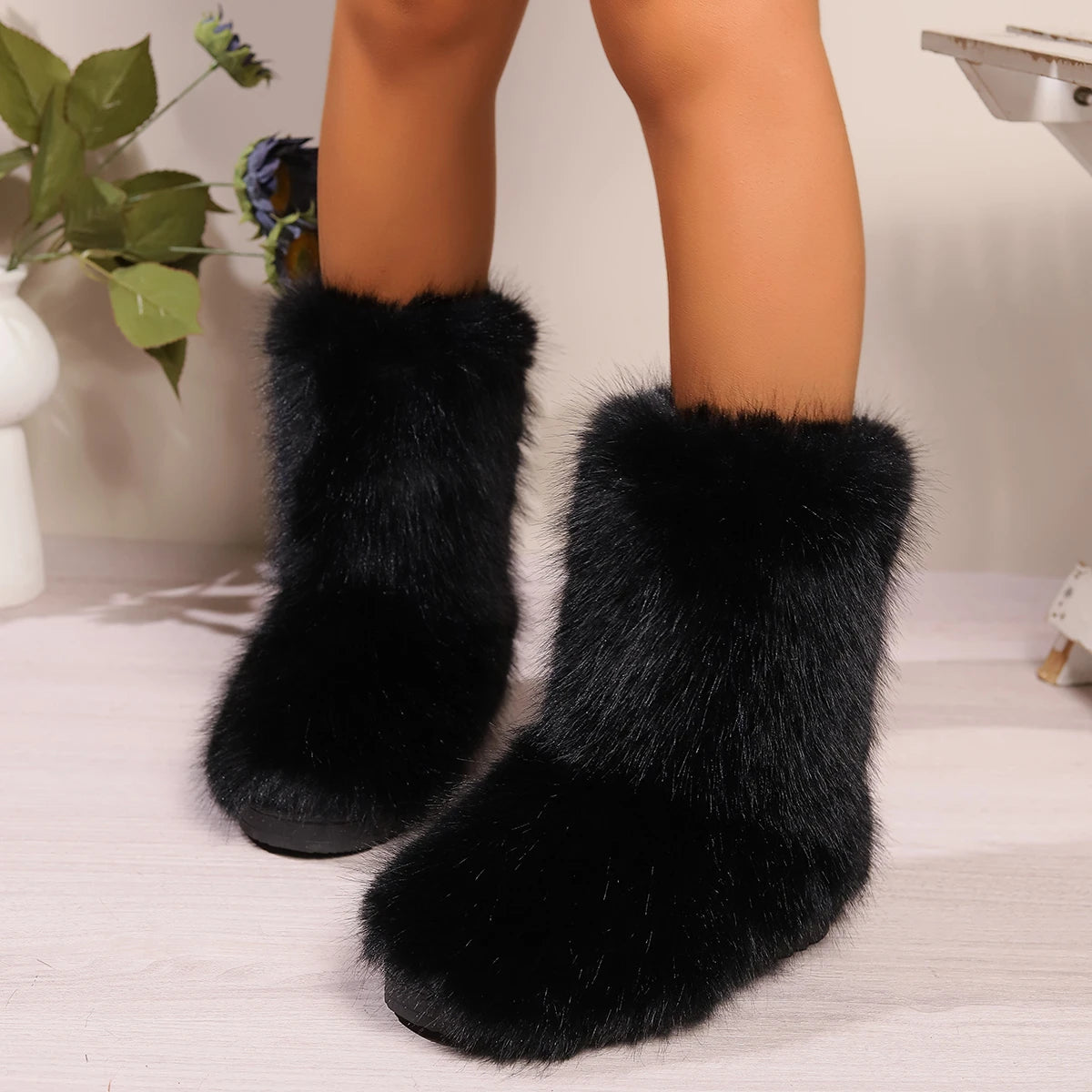 Winter Fuzzy Fluffy Fur Plush Lining Slip-on Rubber Flat Outdoor Bowtie Warm Snow Boot