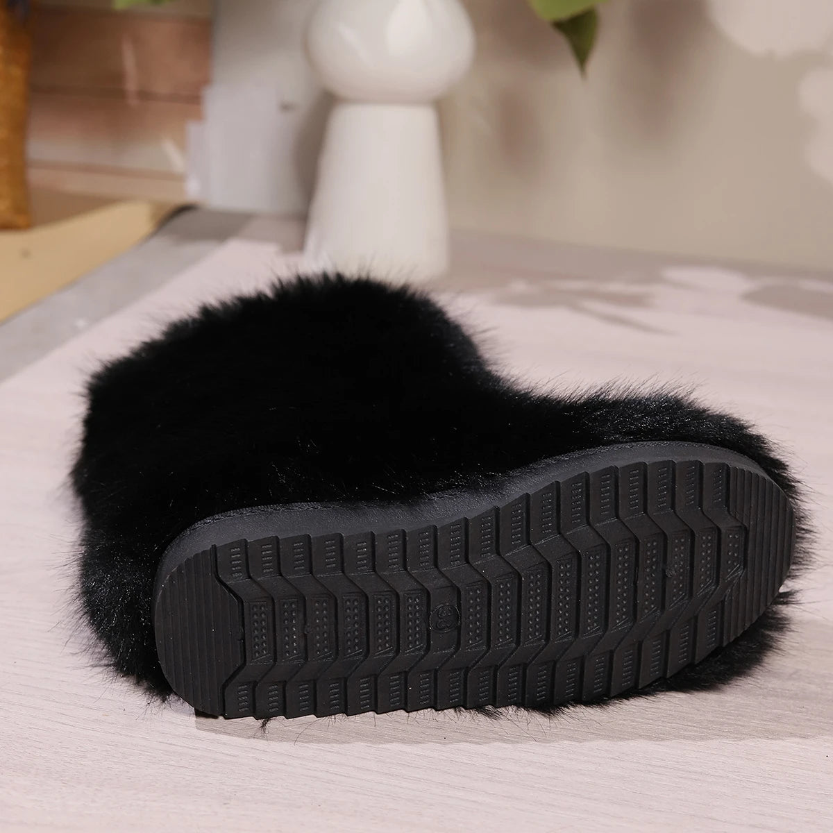 Winter Fuzzy Boots Women Furry Shoes Fluffy Fur Snow Boots Plush lining Slip-on Rubber Flat Outdoor Bowtie Warm Ladies Footwear