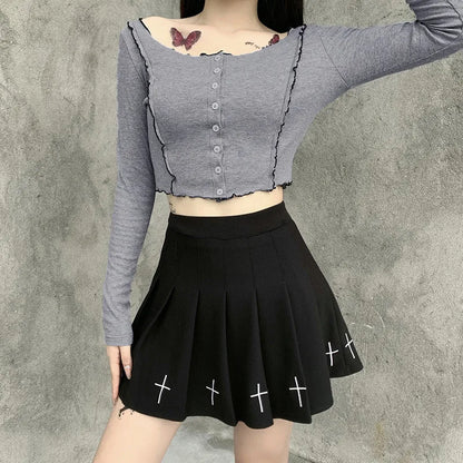 Women's High Waist Gothic Mini Ladies Cross Pattern Mini Pleated Dark Style Skirt