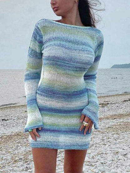 Women Backless Long Striped Knit Mini Midi Dresses