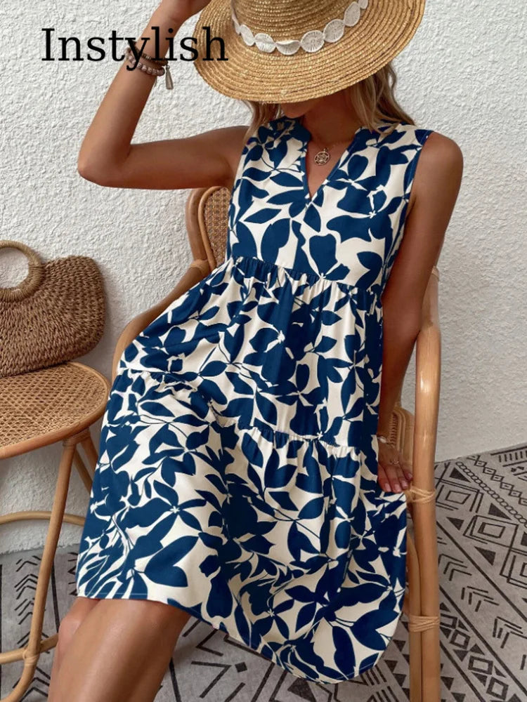 Women Boho Print Mini Elegant Sleeveless Ruffle A Line Tank Casual Beach Midi Dresses