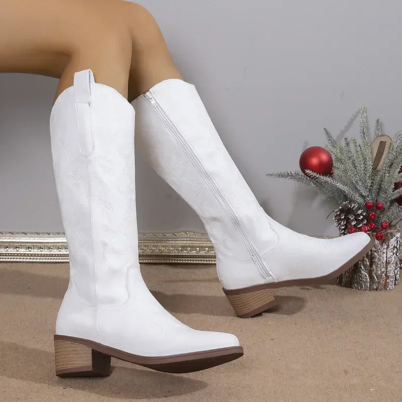 Women Chelsea Cowboy Zipper Chunky Heels Winter Fashion Knee High Boots