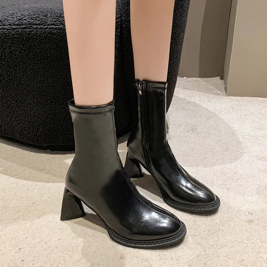 Elegant High Heels Chelsea Sexy Chunky Square Toe Ankle Boot