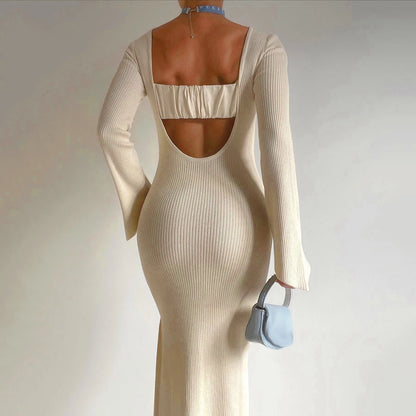 Fashion Knitted Bodycon Solid Color Long Sleeve Tie Backless Slim Fit Casual Vestidos Mujer Dress