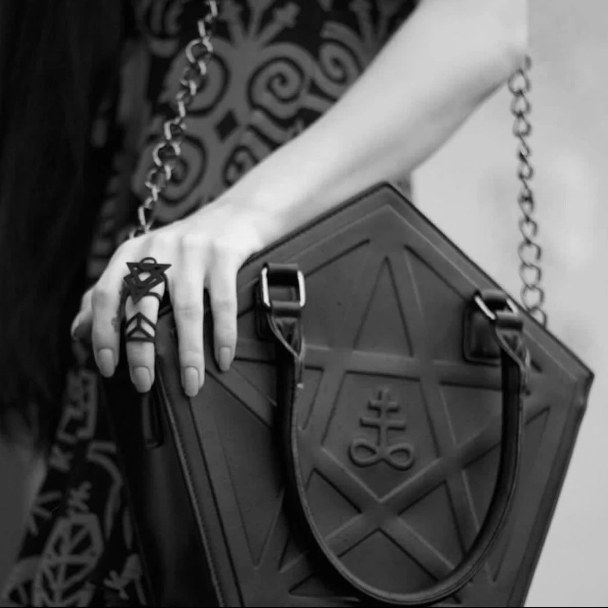 Pentagram Punk Darkness Gothic Star Black Soft Leather Chain Women Handbag