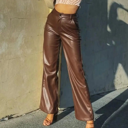 High Waist Solid Color Retro Slim Fit Straight Wide Leg Faux Leather Pants