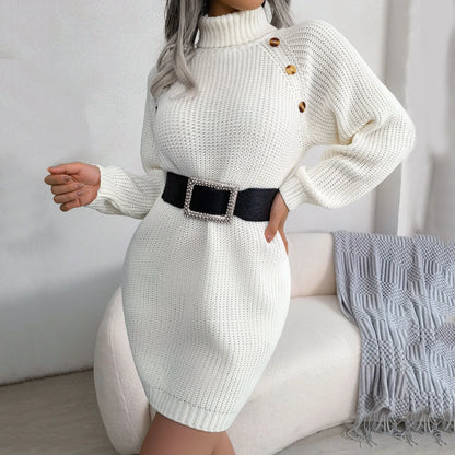 Knitted Turtleneck Autumn Winter Elastic Streetwear Solid Knit Short Dress