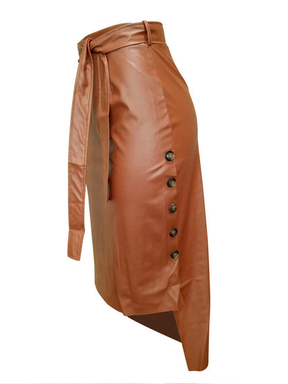 PU Leather Solid High Waist Lace-up Side Button Slim Skinny Pencil Skirt