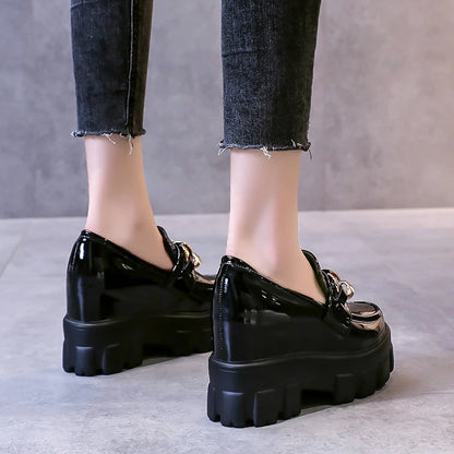 Patent Leather Breathable Chain Chunky High Heels Platform Sneakers Loafers