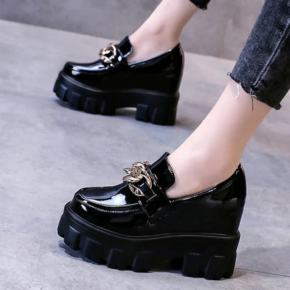 Patent Leather Breathable Chain Chunky High Heels Platform Sneakers Loafers