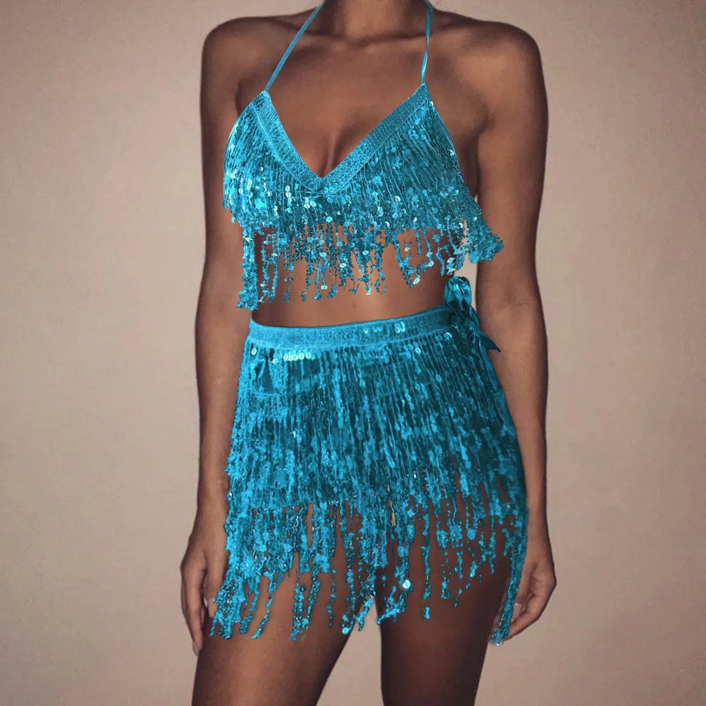 Sparkling Sequin Belly Costume Tassel Wrap Mini Skirt Club And Vest Set Club Party Shiny Dance Costume Two-Piece Women Clothing Dress