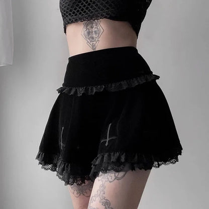 Sexy Fashion Summer Embroidery Black Gothic Casual Stylish Lace Trim Skirt