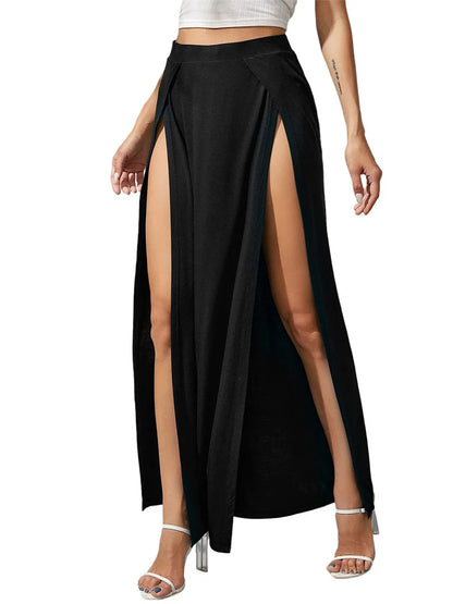 Side Split High Waisted Stretchy Ribbed Knit Bodycon Casual Party Skirt