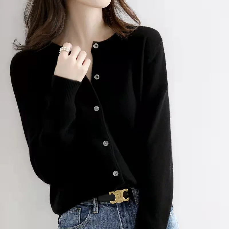 Single Breasted Chic Fashion Solid Long Sleeve Round Neck Autumn Winter Casual Cardigan