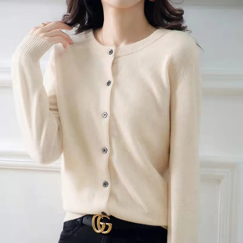 Single Breasted Chic Fashion Solid Long Sleeve Round Neck Autumn Winter Casual Cardigan