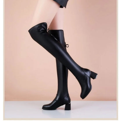 Women Soft Leather Elastic Short Plush Thick Heels Slip On Knight Knee High Boots