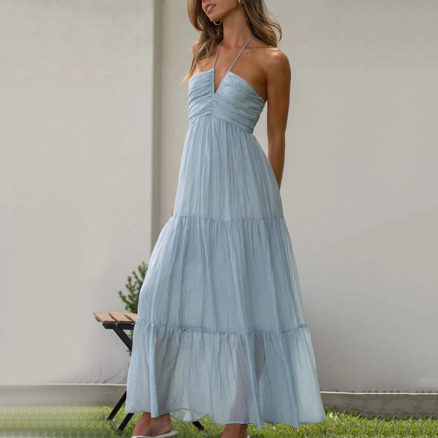 Stylish Solid Color Halter Spaghetti Strap V Neck Long Chic Sleeveless Backless A-Line Dress