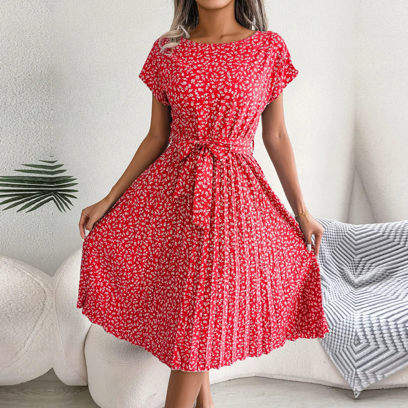 Women Spring Short Waist Chic Floral Pleated A Line Long Midi Dresses