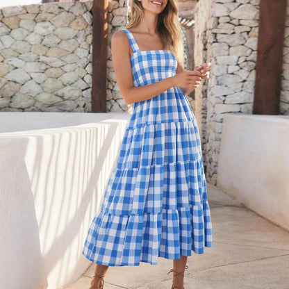 Fashionable Loose Strappy Plaid Vacation Beach Party Sleeveless Casual Tiered Midi Dress